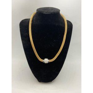 Mesh Tube Rope Necklace Gold Tone Magnetic End Clasp with Cubic Zirconia